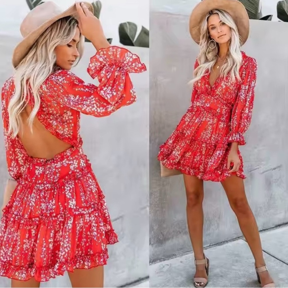 Angel Biba Red Floral Ruffle Mini Dress Open Back Sheer Sleeve Size Small